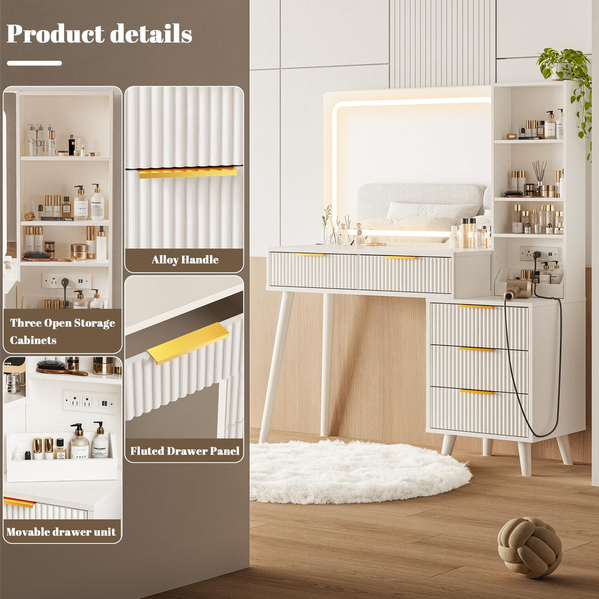 Vanity Desk with Mirror and Lights, Makeup Vanity Desk with Power Outlet, Makeup Desk with 5 Drawers&Storage Shelves, Vanity Table 3 Color Modes Adjustable Brightness Dressing Table Set for Bedroom INNOD