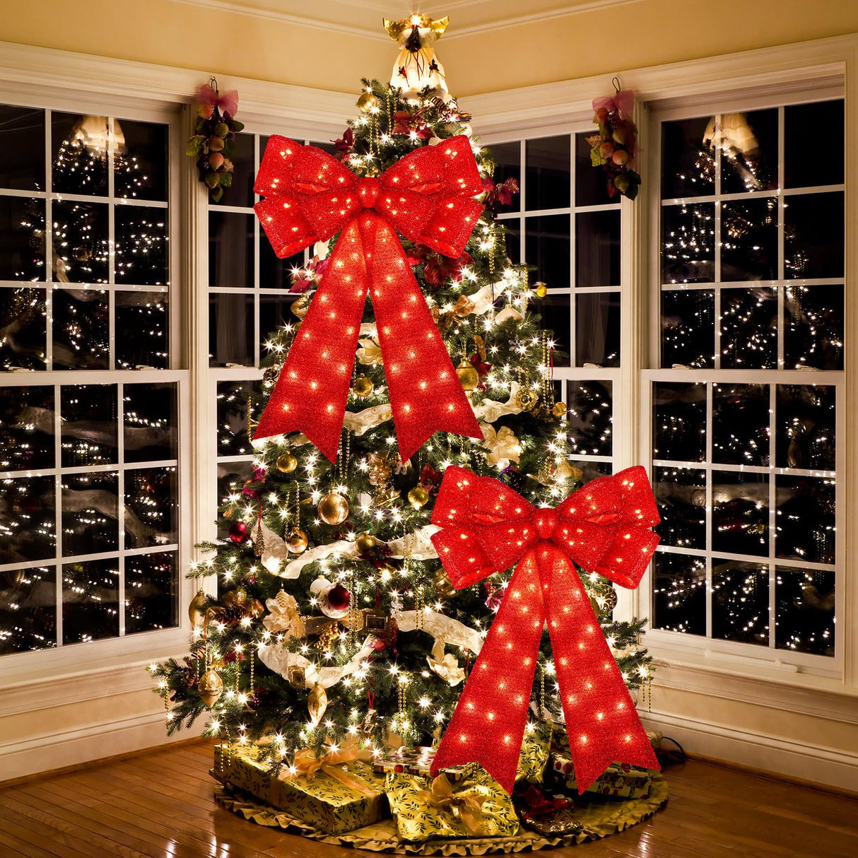 Liliful 2 Pcs 18 x 32 in LED Christmas Wreath Bows Extra Large Bows 72 LED Lights Wreath Huge Bow Door Wall Xmas Tree Top Decor for Indoor Outdoor Winter Xmas Party (Glitter) Liliful