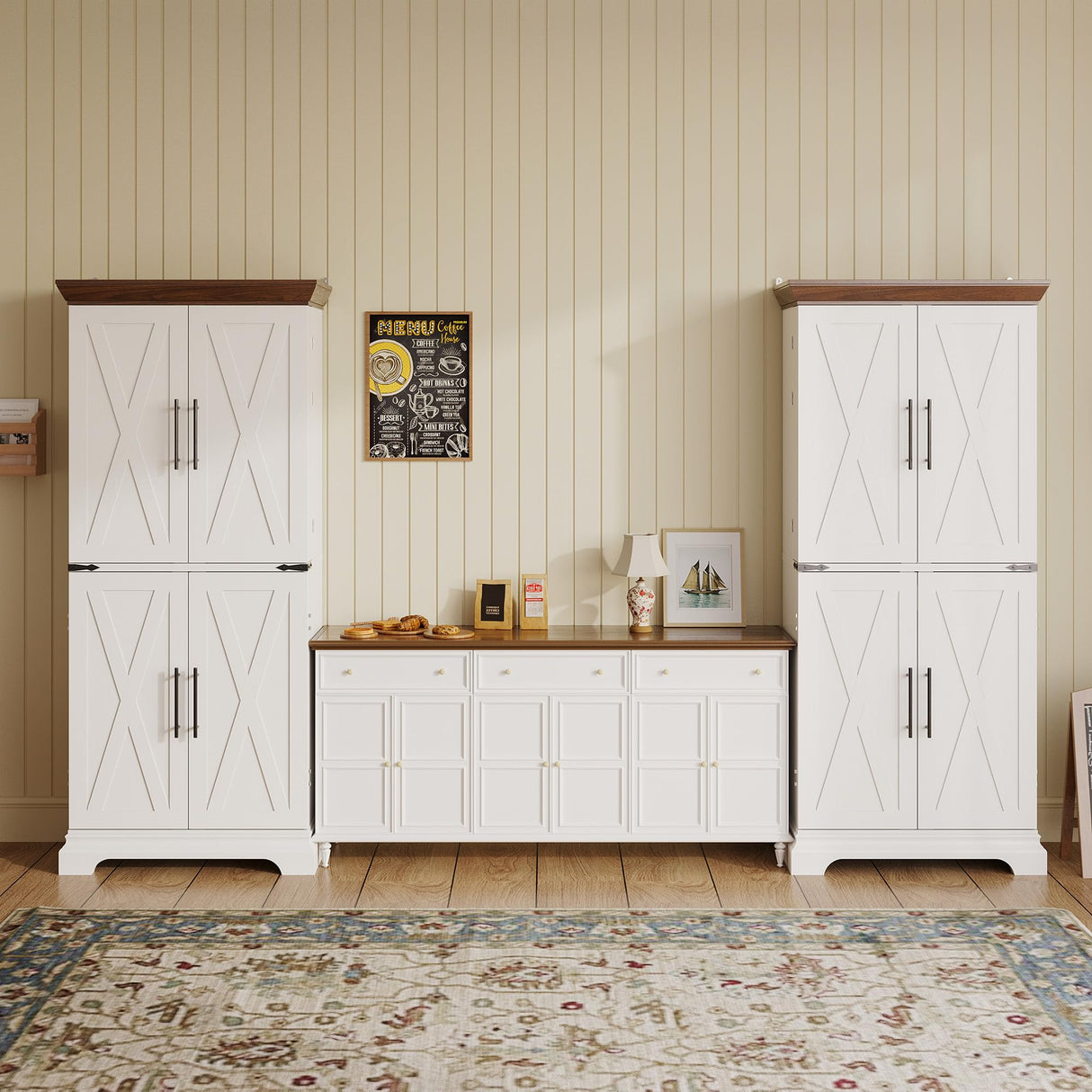 IRONCK Kitchen Pantry Cabinet 72" H, with 9 Shelves, 4 Barn Doors, Drawer, 6 Door Storage Shelves, Farmhouse Freestanding Rustic Wood Cupboard for Kitchen Dining Room White IRONCK