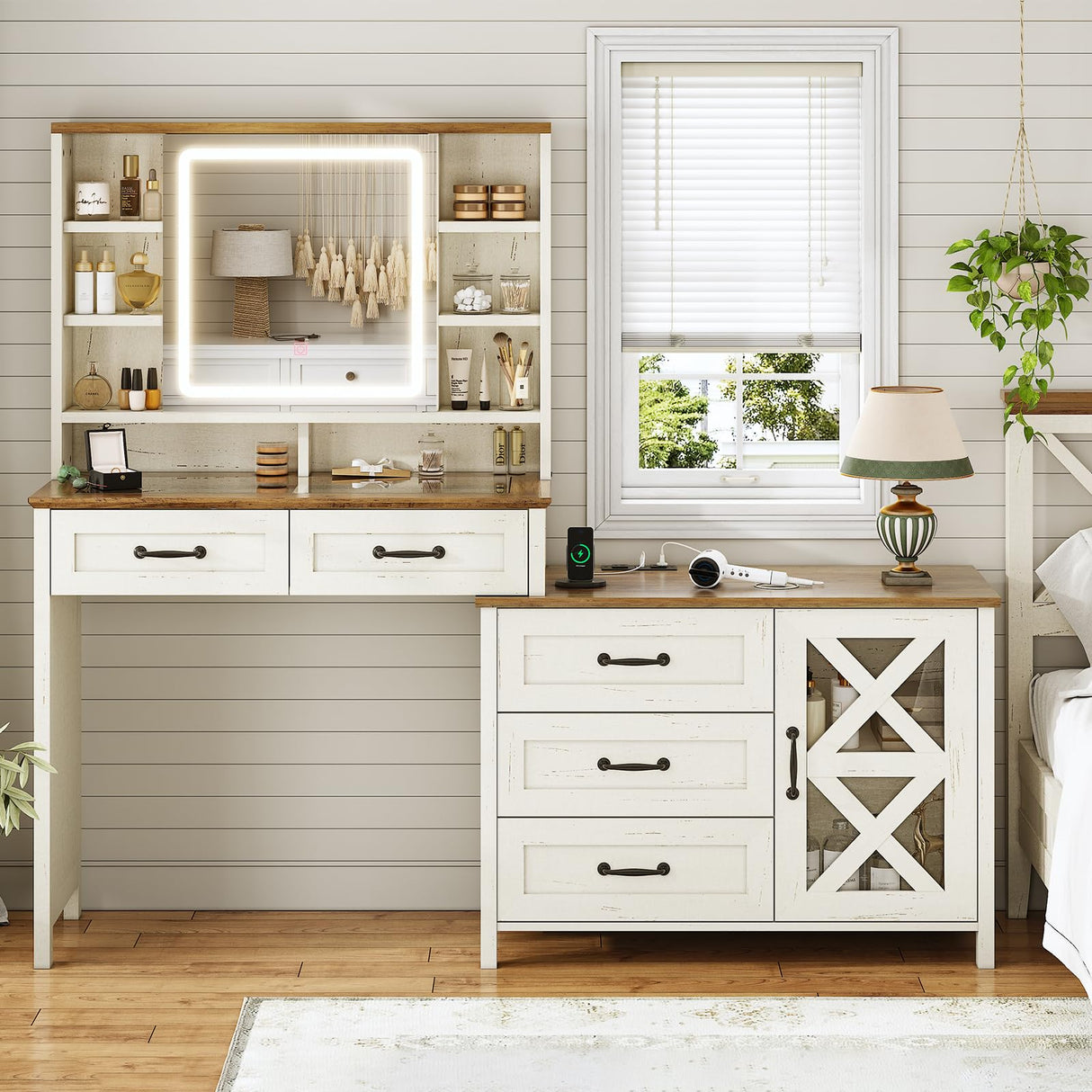 BTHFST Farmhouse Vanity with Glass Top & Charging Station, Vanity Desk with Touch Screen Mirror and Lights, Makeup Vanity with 5 Drawers & Shelves & Cabinet, Antique White BTHFST