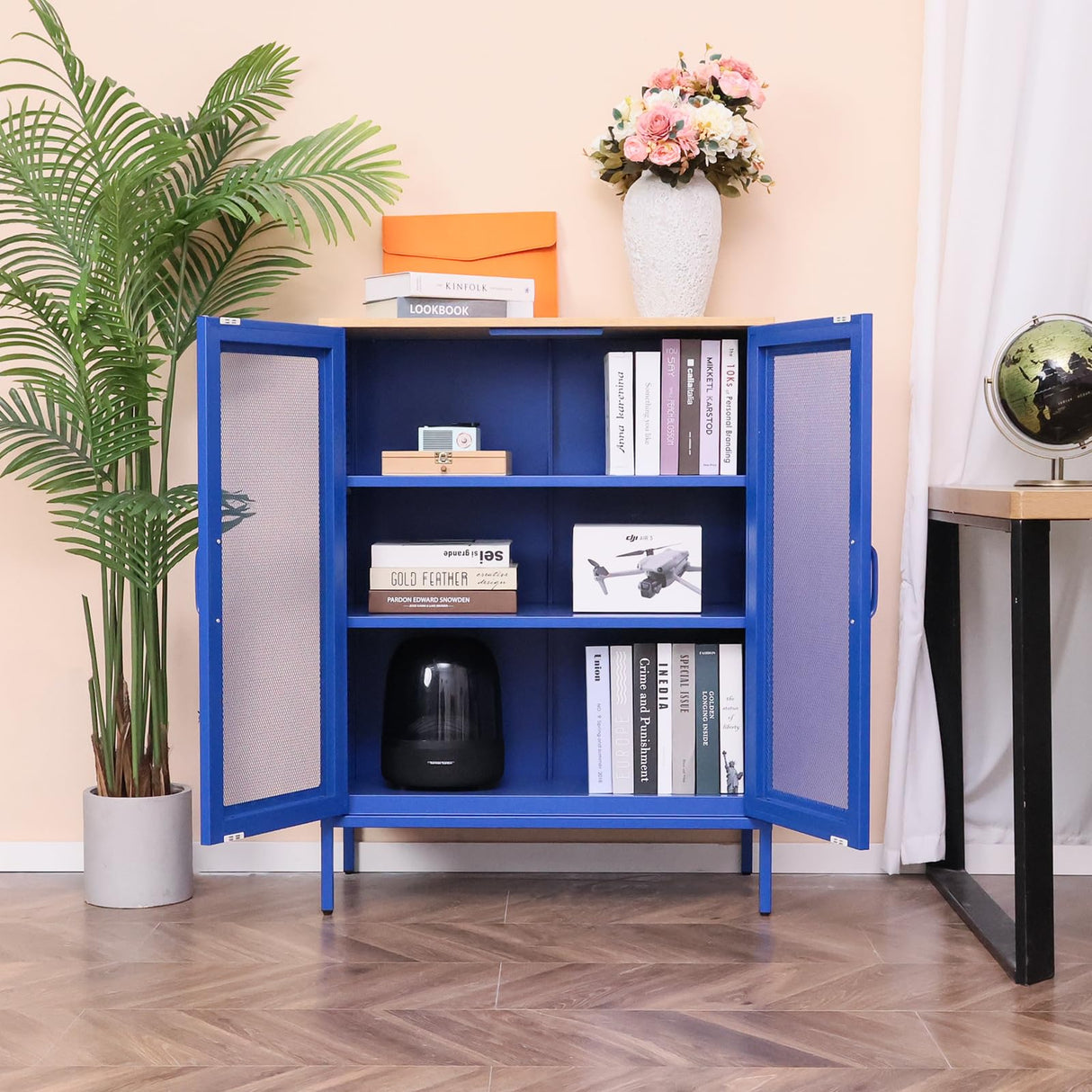 ALBAD Metal Storage Cabinet with Mesh Doors and Adjustable Shelves, Free Standing Sideboard Buffet Cabinet for Kitchen, Living Room, Dining Room, Home Office (Blue) ALBAD
