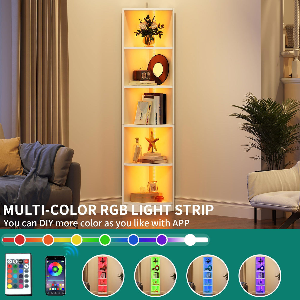 YITAHOME 70.8" Corner Shelf with LED Light, 5 Tier Modern Corner Bookshelf, Display Corner‘s Bookcase and Bookshelves,Wooden Open Storage Book Shelves for Bedroom, Living Room, Home Office, White YITAHOME