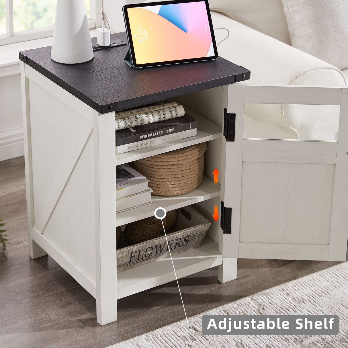 JXQTLINGMU Farmhouse End Table with Charging Station, 18'' Rustic Nightstand with Barn Door & Adjustable Shelf, Wooden Sofa Side Table with 3-Tier Storage for Living Room, Bedroom, White JXQTLINGMU