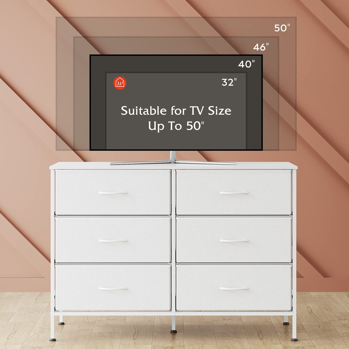 WLIVE Wide Dresser with 6 Drawers, TV Stand for 50" TV, Entertainment Center with Metal Frame, Wooden Top, Fabric Storage Dresser for Bedroom, Hallway, Entryway, White WLIVE