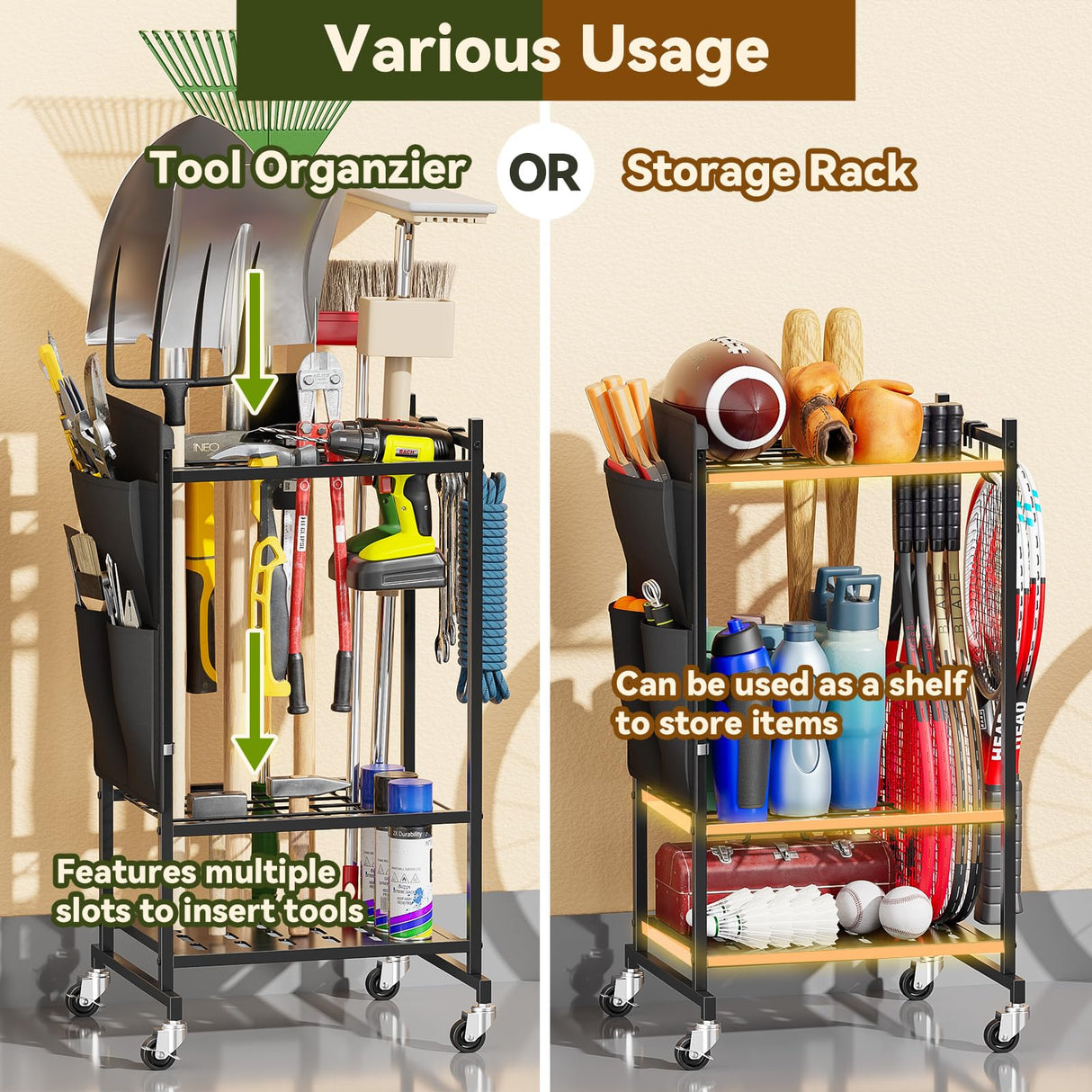 SUFAUY Garden Tool Organizer, Rolling Heavy-Duty Garage Tool Stand, Yard Storage Rack with Casters and Hooks, Black SUFAUY