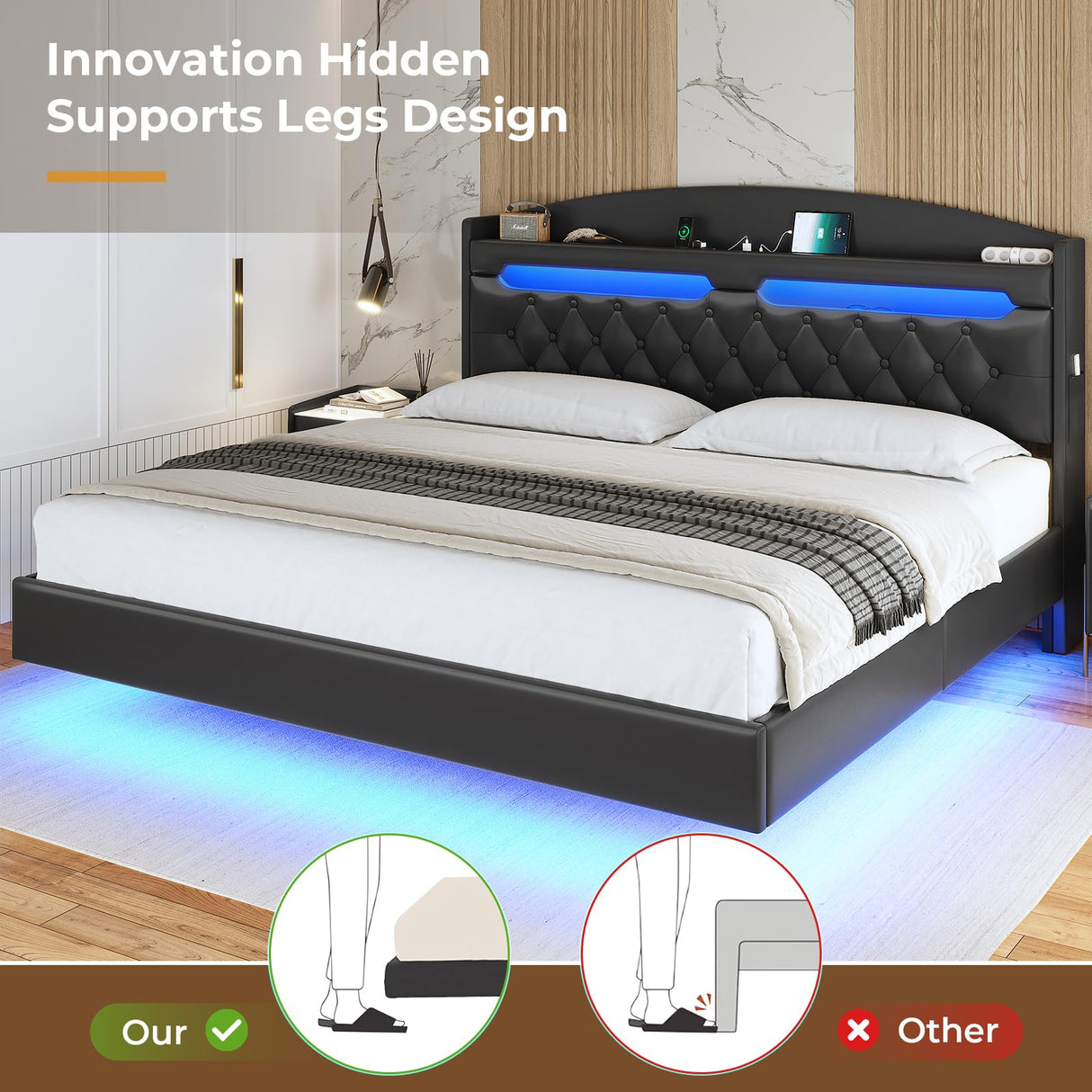 ADORNEVE King Floating Bed Frame with Hidden Storage Headboard and RGB LED Lighting ADORNEVE