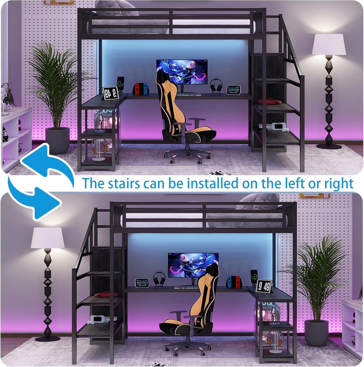 Duxelifin Queen Size Loft Bedwith Desk, Heavy-Duty Metal Loft Beds with Stairs & LED Lights, High Lofted Bed with Charging Station and Wardrobe, Gaming Loft Tall Bed for Boys Girls and Teens (Black) Duxelifin