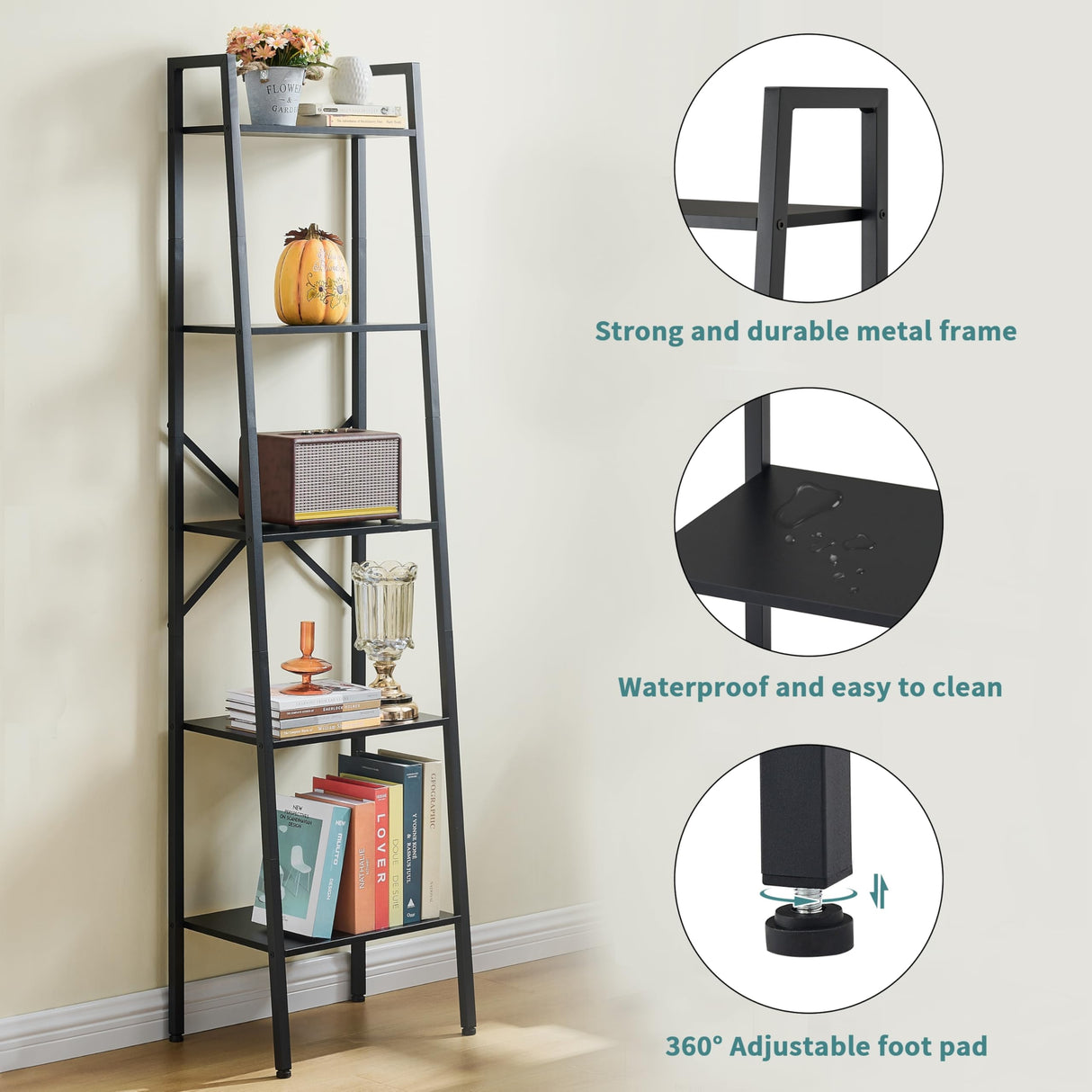 Hoctieon 5-Tier Industrial Ladder Bookshelf, Narrow Ladder Shelf, Tall Standing Bookshelf, Skinny Open Ladder Shelf, for Living Room, Home Office, Kitchen, Bedroom, Metal Frame, Black Hoctieon