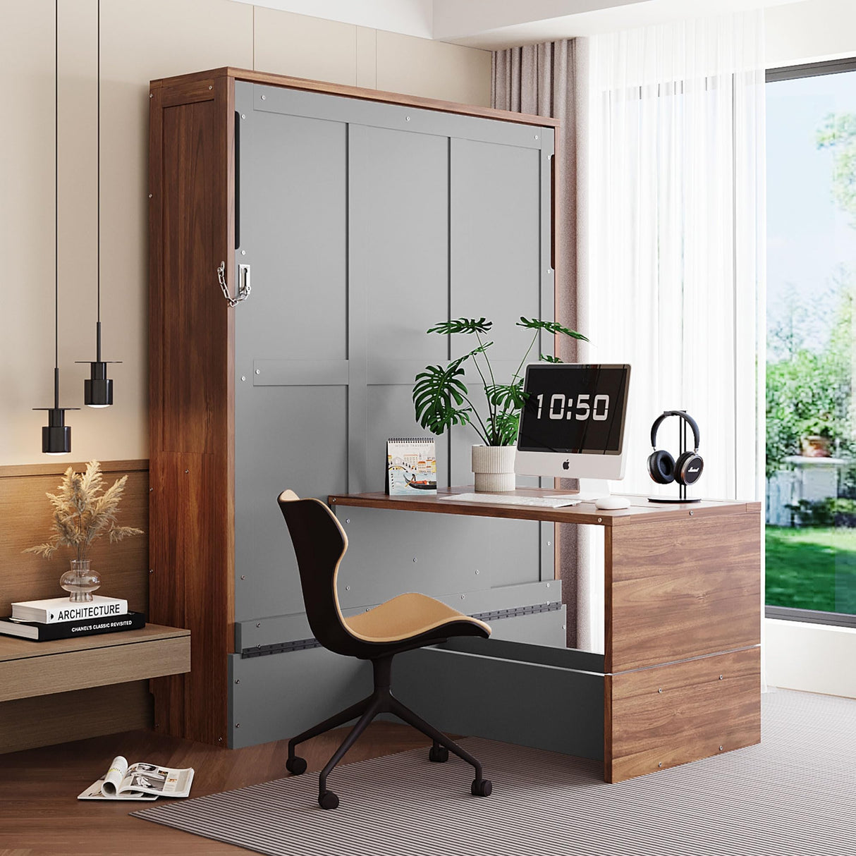 THINK 30 Murphy Bed with Foldable Desk – Space Saving Wall Bed, Full Size, Walnut & Gray THINK 30