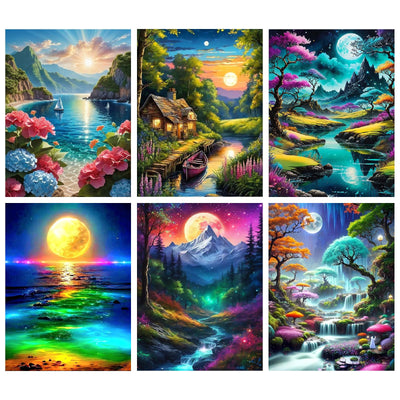 Fuinkqe 6 Pack Paint by Numbers for Adults Beginner, Moon Landscape DIY Acrylic Painting Paint by Numbers Kits on Canvas for Gift Home Wall Decor 10x14inch