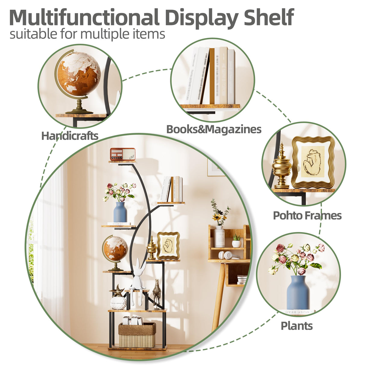 Tall Corner Shelf Stand with LED Lights, 8 Tier Bookshelf for Living Room, 65" Black Display Shelf Storage Cabinet Metal Plant Stand, Standing Rack Shelves Cases for Home Decor, Bedroom, Office JUSTOGO