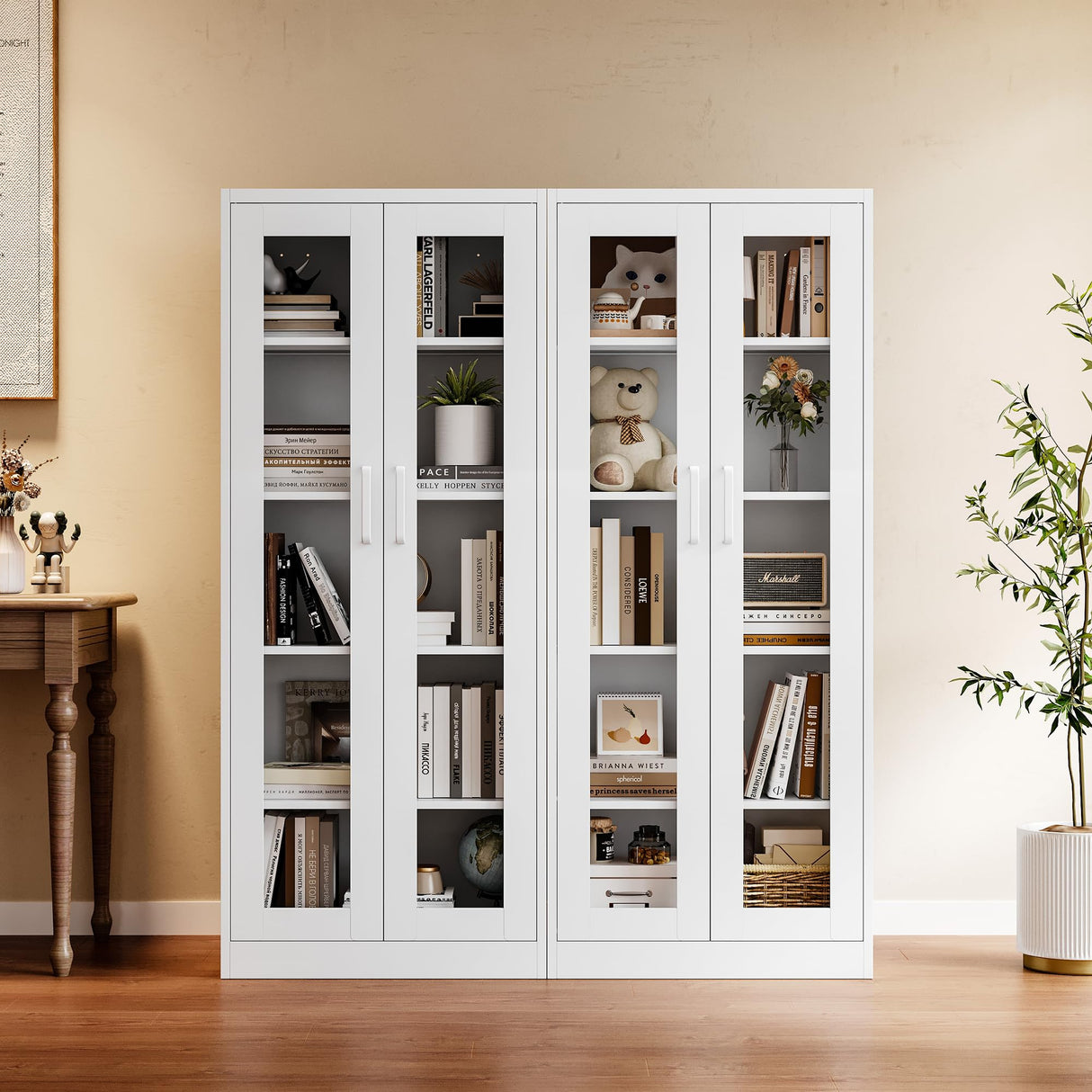 Yizosh Display Cabinet with Glass Doors, 5-Tier Curio Cabinet with 4 Adjustable Shelves, 67" Display Case for Home, Living Room, Assemble Required (White) Yizosh