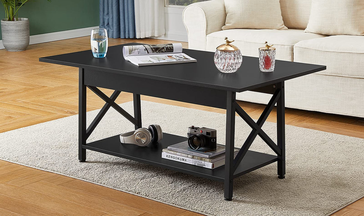 GreenForest Black Coffee Table with Storage Shelf 43.3 x 23.6 inch, 2 Tier Rectangular Center Table for Living Room, Modern Farmhouse Small Table for Home Office,Easy Assembly GreenForest