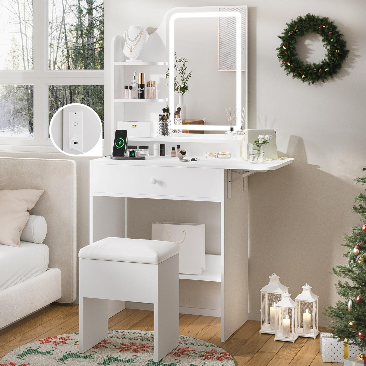 Haewon White Small Vanity Desk Set with Mirror and Lights, Mini Makup Table with Chargin Station and Storage Chair for Compact Space Bedroom Haewon
