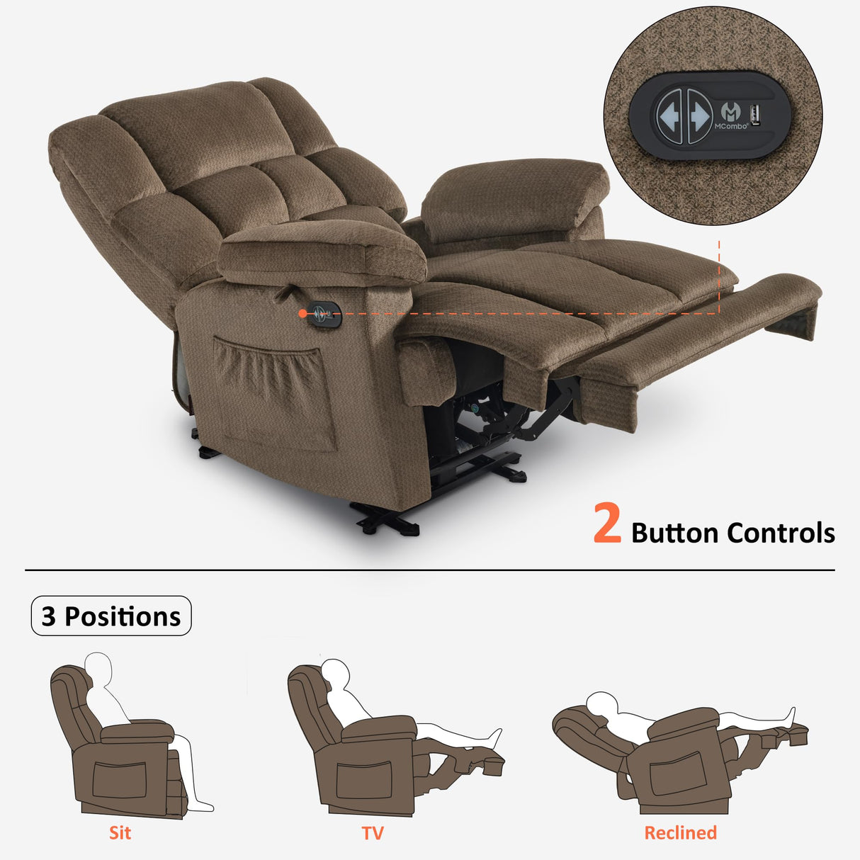 MCombo Zero Gravity Power Recliner Chair with Heat and Vibration Massage, Reclining Chair with USB Ports, Cup Holders for Living Room, Fabric R6233 (Brown) MCombo