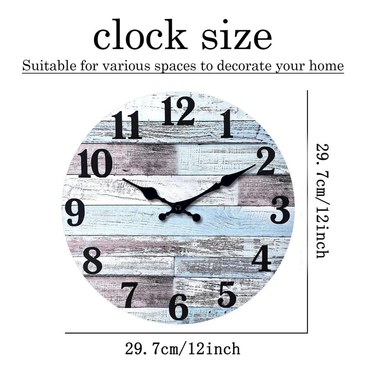 XNM Blue MDF Wood Wall Clock for Living Room - Farmhouse Wall Clocks Battery Operated 12 Inch - Analog Rustic Wall Clock Silent (No Solid Wood) XNM
