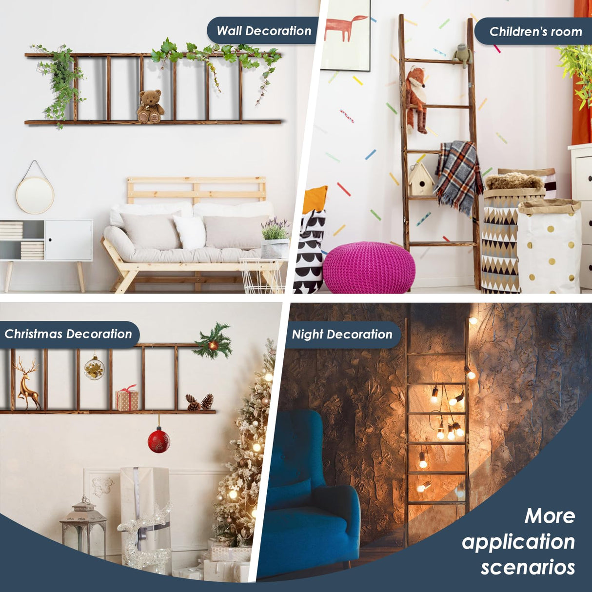 6-Tier Blanket Ladder Wooden, 5.7FT(66.5'') Blanket Quilt Towel Holder Rack Decorative Ladder, Easy Assembly, Rustic Farmhouse Ladder Shelf for The Living Room Bedroom Bathroom Home Decor, Brown Delywh