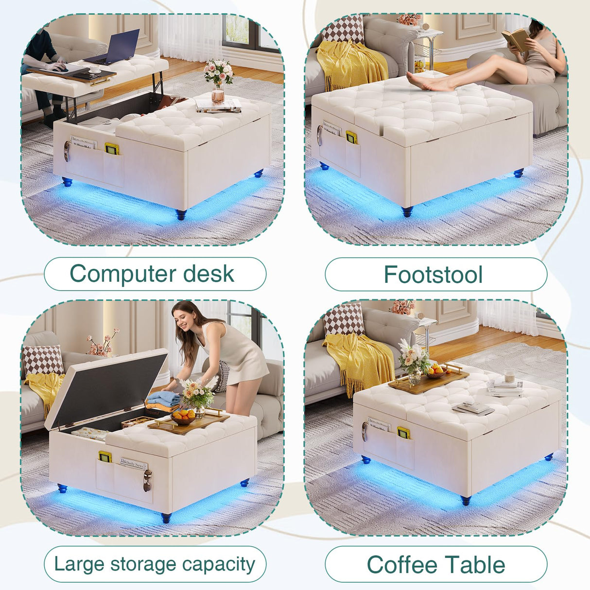 Storage Ottoman Coffee Table,Square Ottoman with Storage & Charging Station and LED Lights,Velvet Buttons Large Ottoman Coffee Table with Lift Top & Solid Wood Legs for Living Room Bedroom (Beige) busyaeh