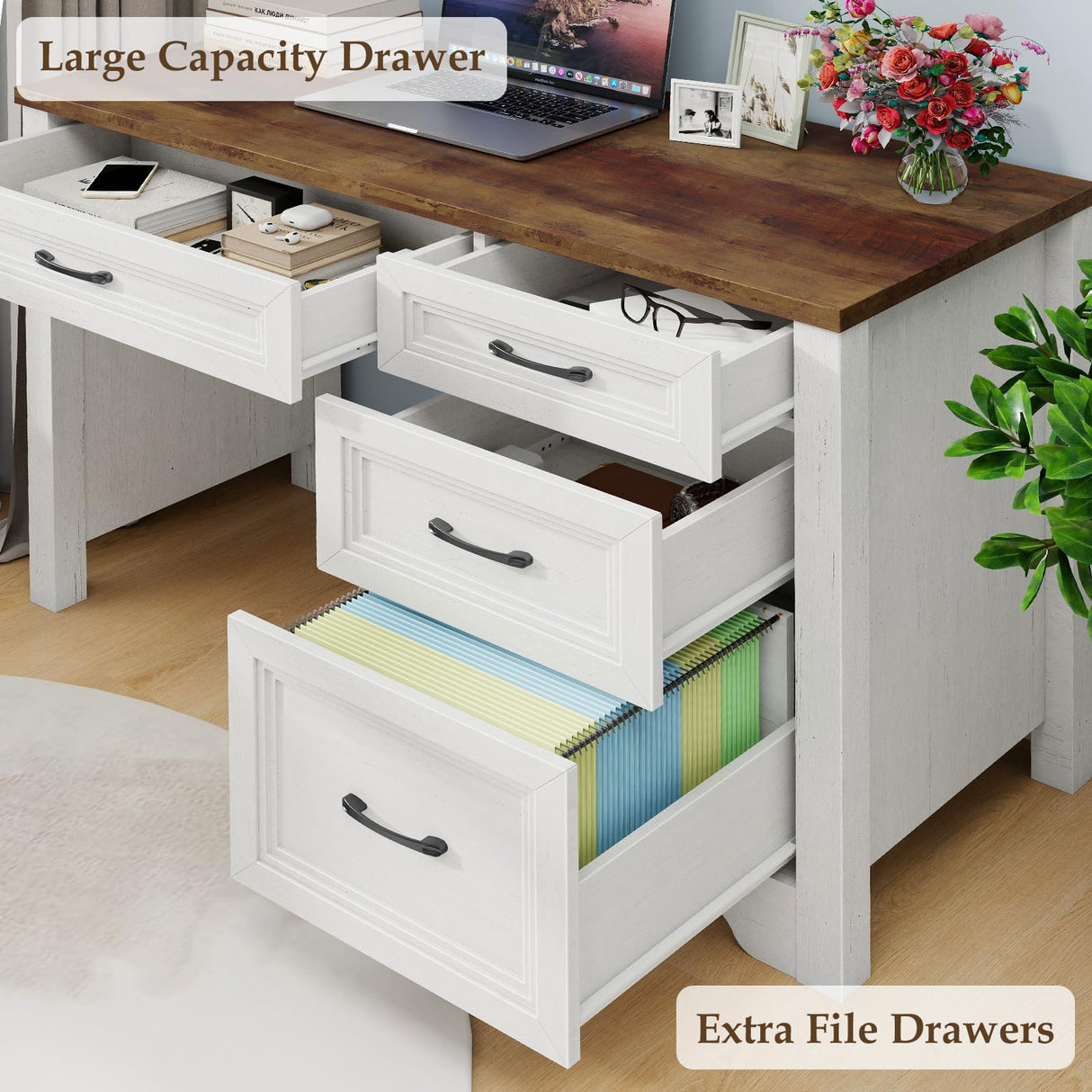 Halitaa Farmhouse Executive Desk with Drawers, Wood Computer Desk with Ample File Drawer, Rustic Home Office Desk with Storage for Bedroom, Living Room, White Halitaa
