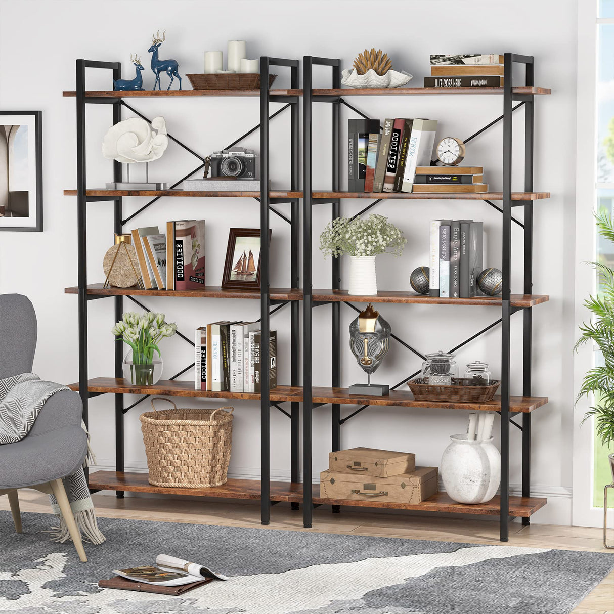 Tribesigns Industrial Rustic 5-Tier Bookshelf with Metal Frame for Living Room and Home Office Tribesigns