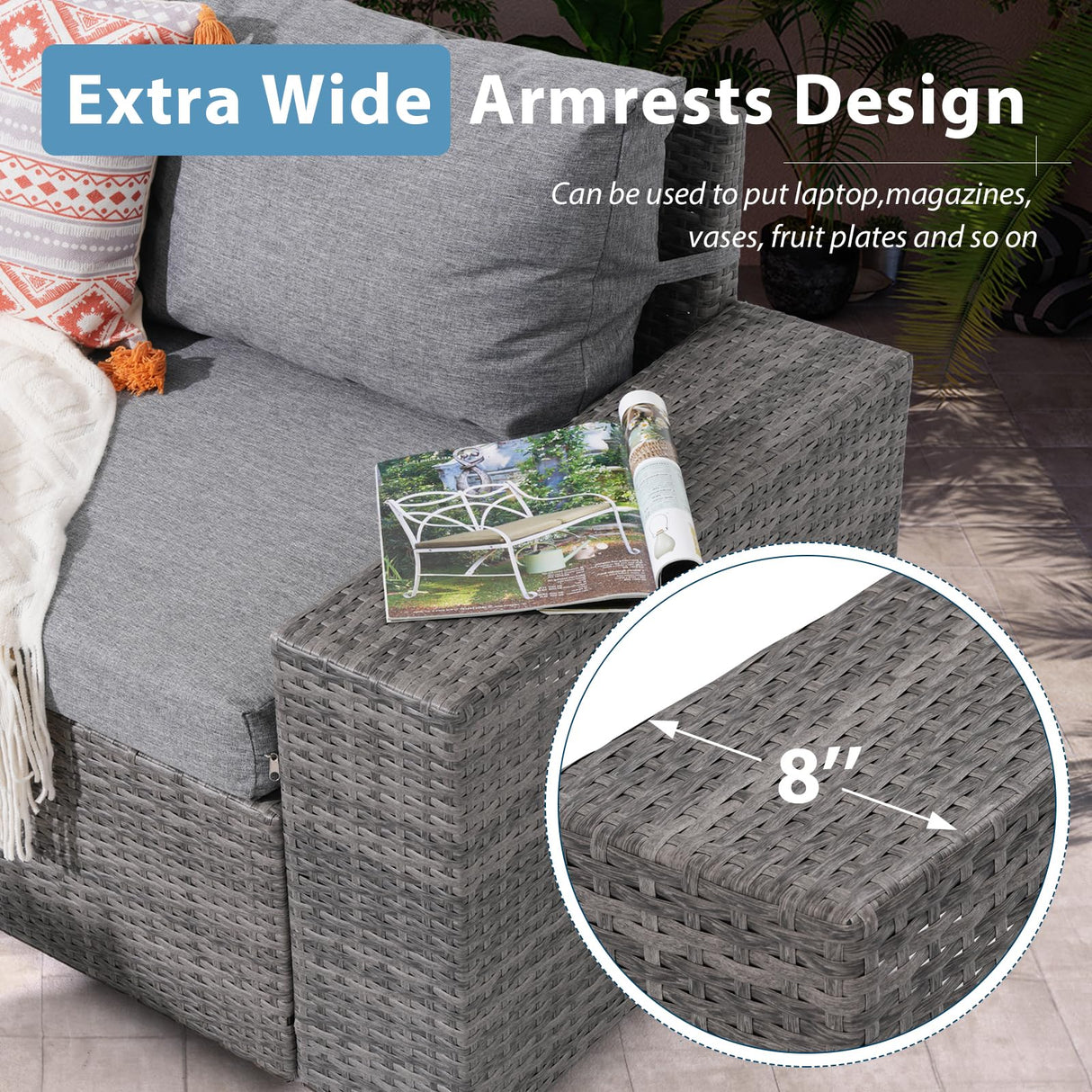 JOIVI 6 Pieces Outdoor Patio Furniture Set, Rattan Patio Sectional Sofa Conversation Set with Coffee Table, PE Wicker L-Shaped Sofa Set with Cushions for Garden, Backyard, Deck, Gray JOIVI