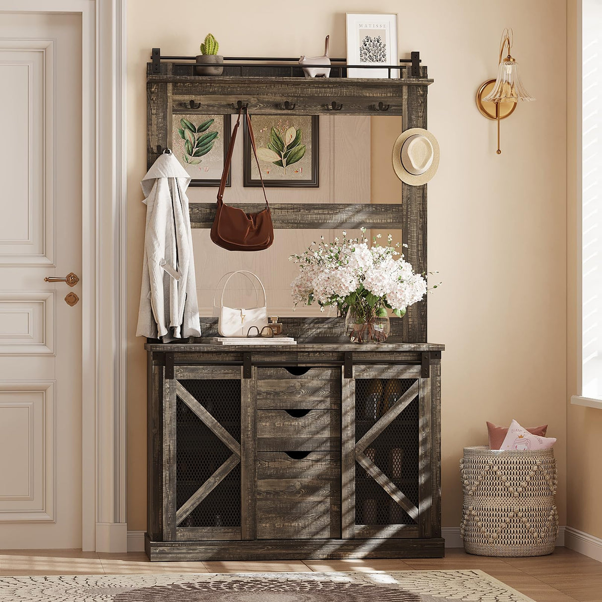 FinerFurnis 77 Inch Farmhouse Hall Tree Bench with 2 Mirrors, Shoe Storage, Coat Rack, Sliding Barn Doors, Wooden Entryway Organizer Furniture for Apartments, Mudroom, Deep Oak FinerFurnis