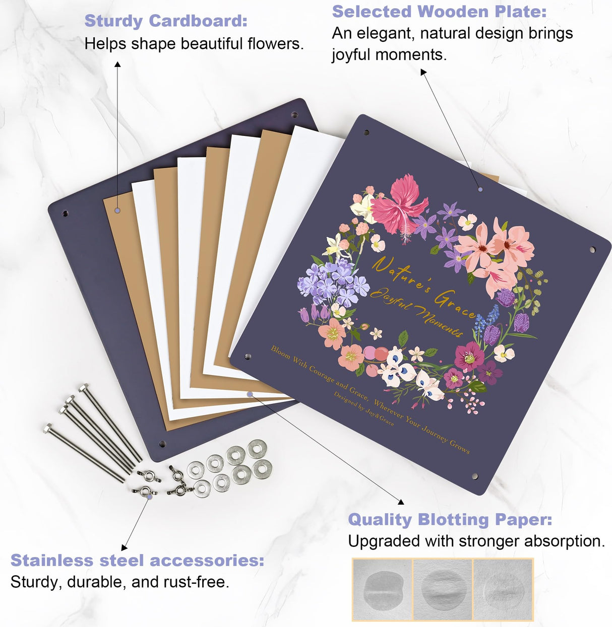 Joy&Grace Flower Press Kit for Adults & Kids, with Designed Cover and DIY Album, 10.9" x 10.9" 10 Layers Flower Preservation Kit, Plant Press and Large Plant Drying Toolkit (Color Box, Purple Navy) Joy&Grace
