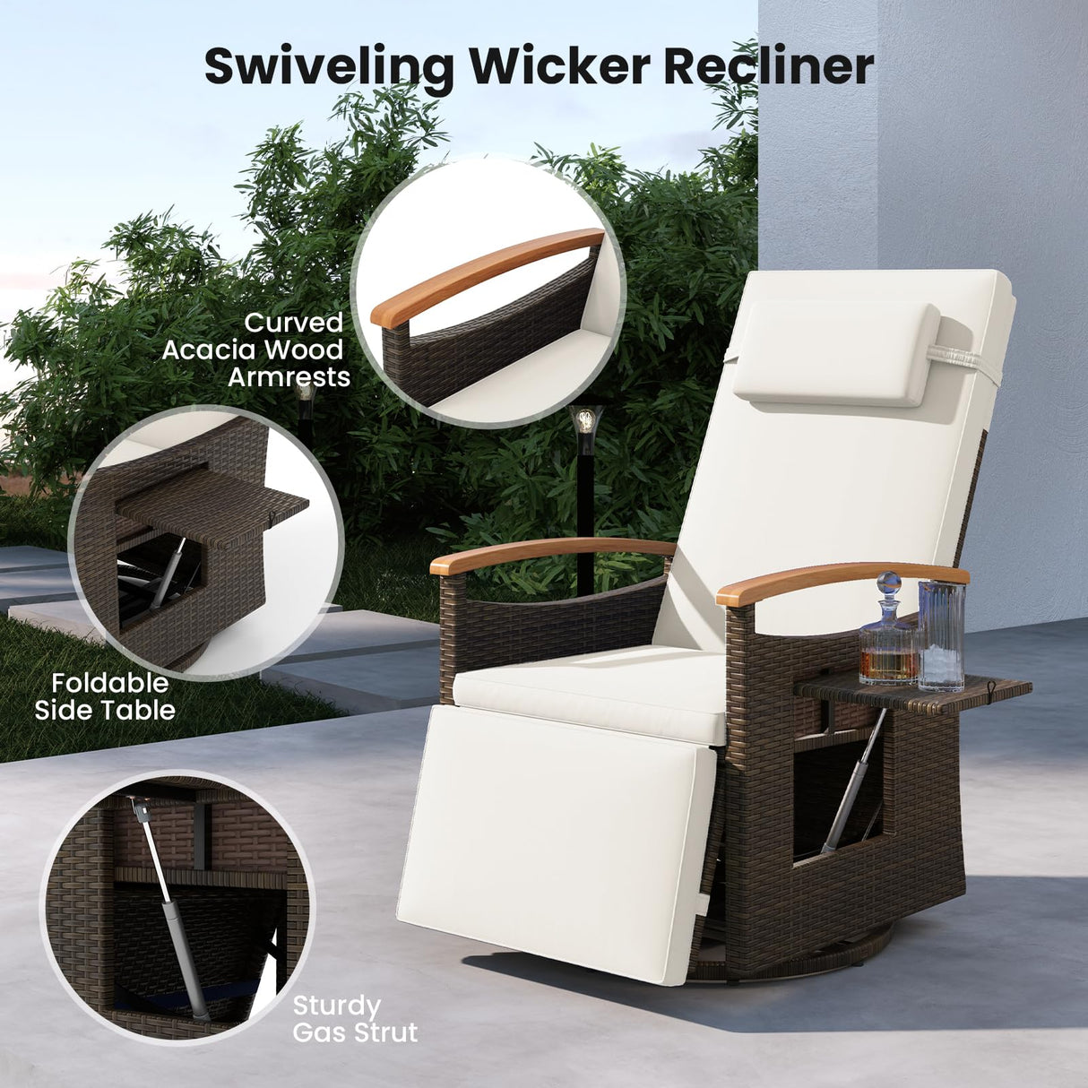 Tangkula Patio Rattan 360 Degree Swivel Recliner Chair, Wicker Lounge Chair w/Adjustable Backrest & Footrest, Cushioned Push Back Reclining Seat w/Flip Side Table for Porch, Yard, Lawn (Off White,1) Tangkula