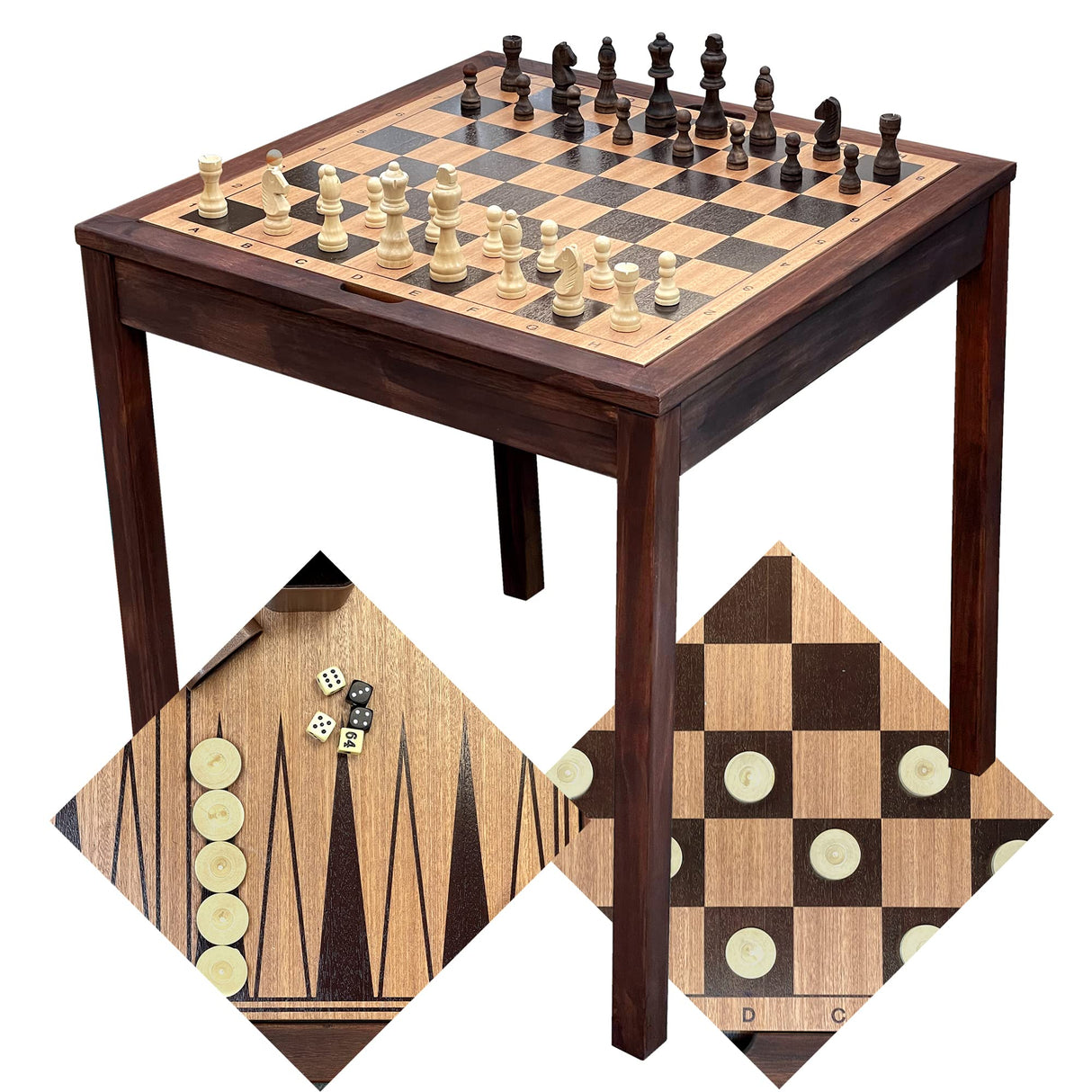 Sterling Games Wooden Chess Table | Chess, Checkers and Backgammon 3 in 1 Combo Game Table Furniture Set, 25" x 25", 4" King STERLING