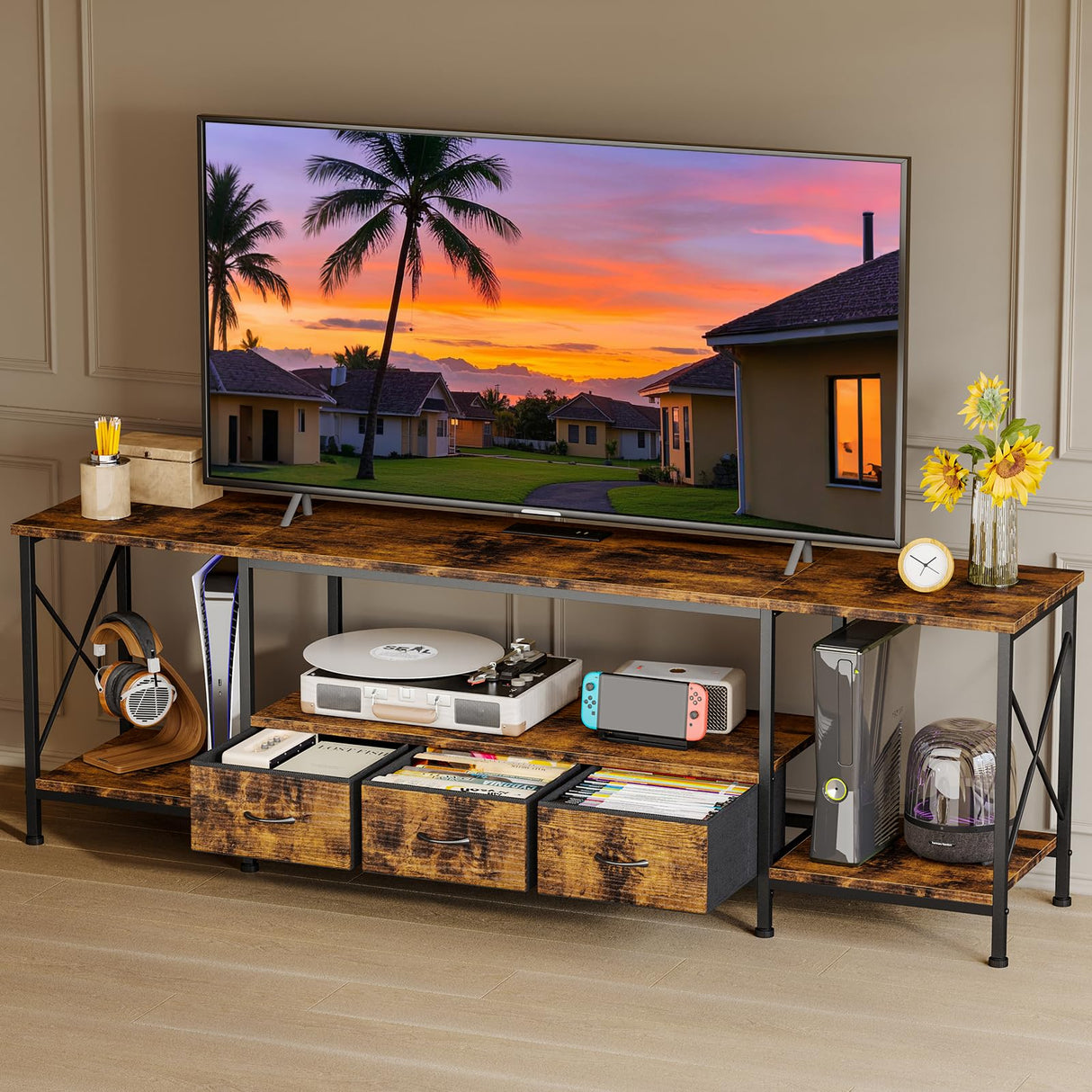 YGEOMER TV Stand Entertainment Center for 65 Inch TV with Power Outlets TV Console Table with Metal Frame Storage Shelves and Fabric Drawers for Living Room, Bedroom 63" Rustic Brown YGEOMER