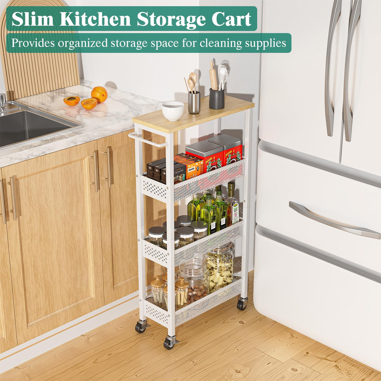 Giwil Slim Rolling Storage Cart 4 Tier Bathroom Organizer Mobile Shelving Unit Utility Cart with Wood Top and Handle for Kitchen Laundry Narrow Places, White Giwil