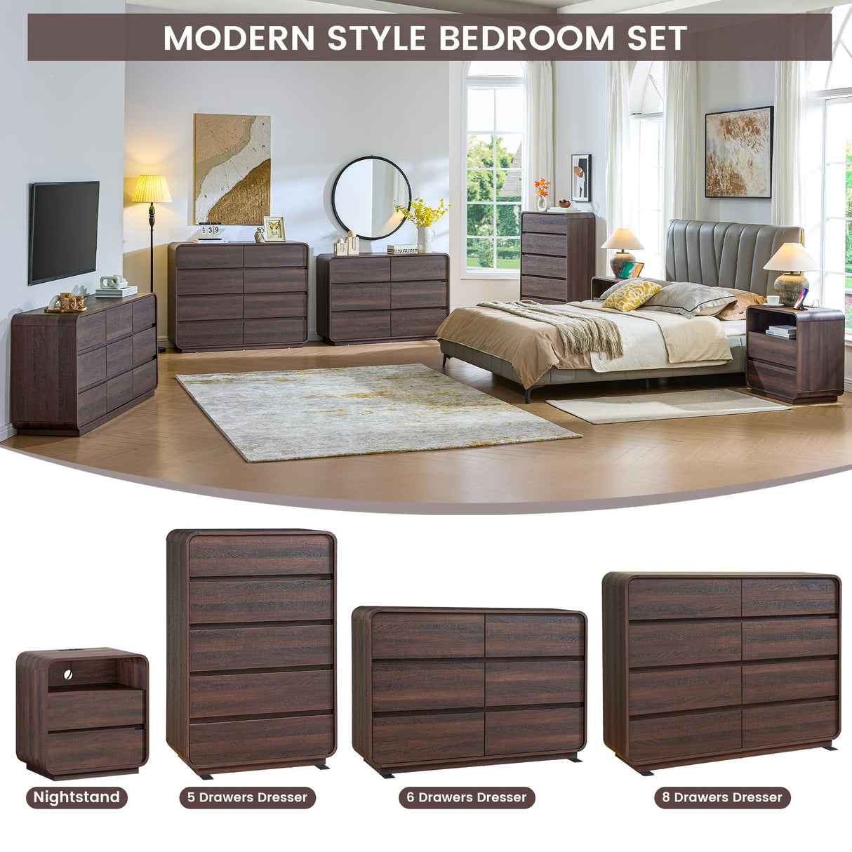 Standifurno Modern 8 Drawer Dresser, 47- Inch Wood Chest of Drawers with Large Storage, Walnut Dresser Closet for Bedroom, Living Room, Nursery. Standifurno
