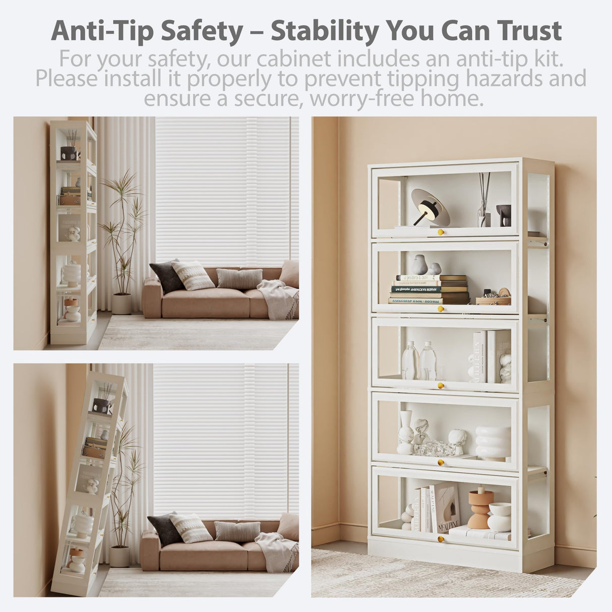 Boniture Display Cabinet with Acrylic Glass Doors,5-Tiers Curio Cabinet with LED Lighting for Collectibles, Collectibles Toy Organizers Rack & Display Shelf Display Case Storage Cabinet, Antique White BONITURE