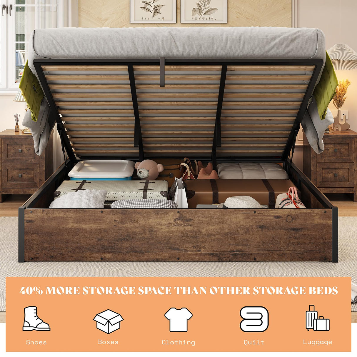 AMERLIFE Lift Up Storage Bed, King Bed Frame with Storage Underneath, Wooden Platform Bed Frame, Solid Wood Slats Support, No Fixed Headboard, No Box Spring Needed, Rustic Brown AMERLIFE