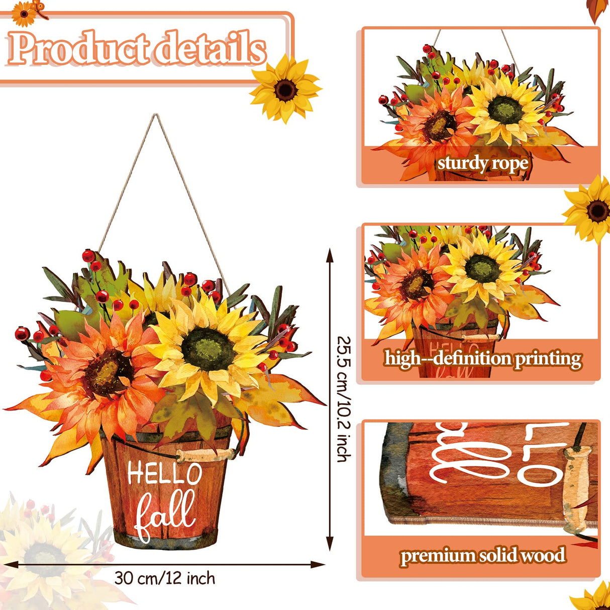 Hello Fall Sign Hello Fall Door Sign Wooden Farmhouse Home Sign with Fall Sunflower for Porch Farmhouse Thanksgiving Autumn Front Door Outdoor Home Decor Bucherry