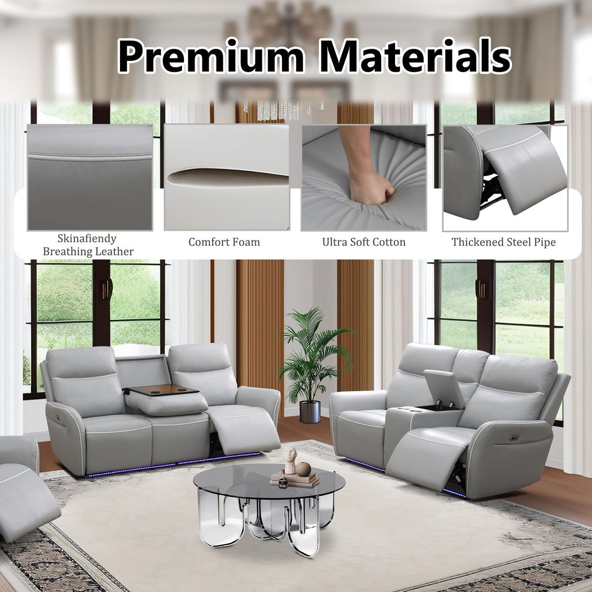 Plithzy Power Recliner Sofa Set Breathing Leather Living Room Furniture 2 Piece Reclining Couches with LED, USB Charging Ports, Cup Holder and Storage (Sofa+Loveseat, Light Grey) Plithzy