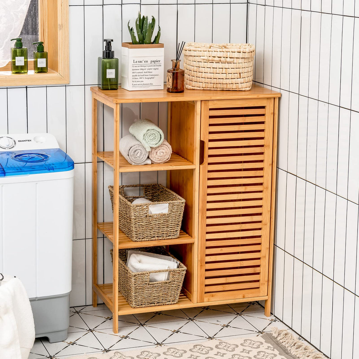 Tangkula Bamboo Bathroom Floor Cabinet, Storage Cabinet with Shutter Door and 3 Tier Shelves, Freestanding Floor Cabinet for Bathroom Living Room Kitchen Hallway, Bathroom Cabinet, Natural Tangkula