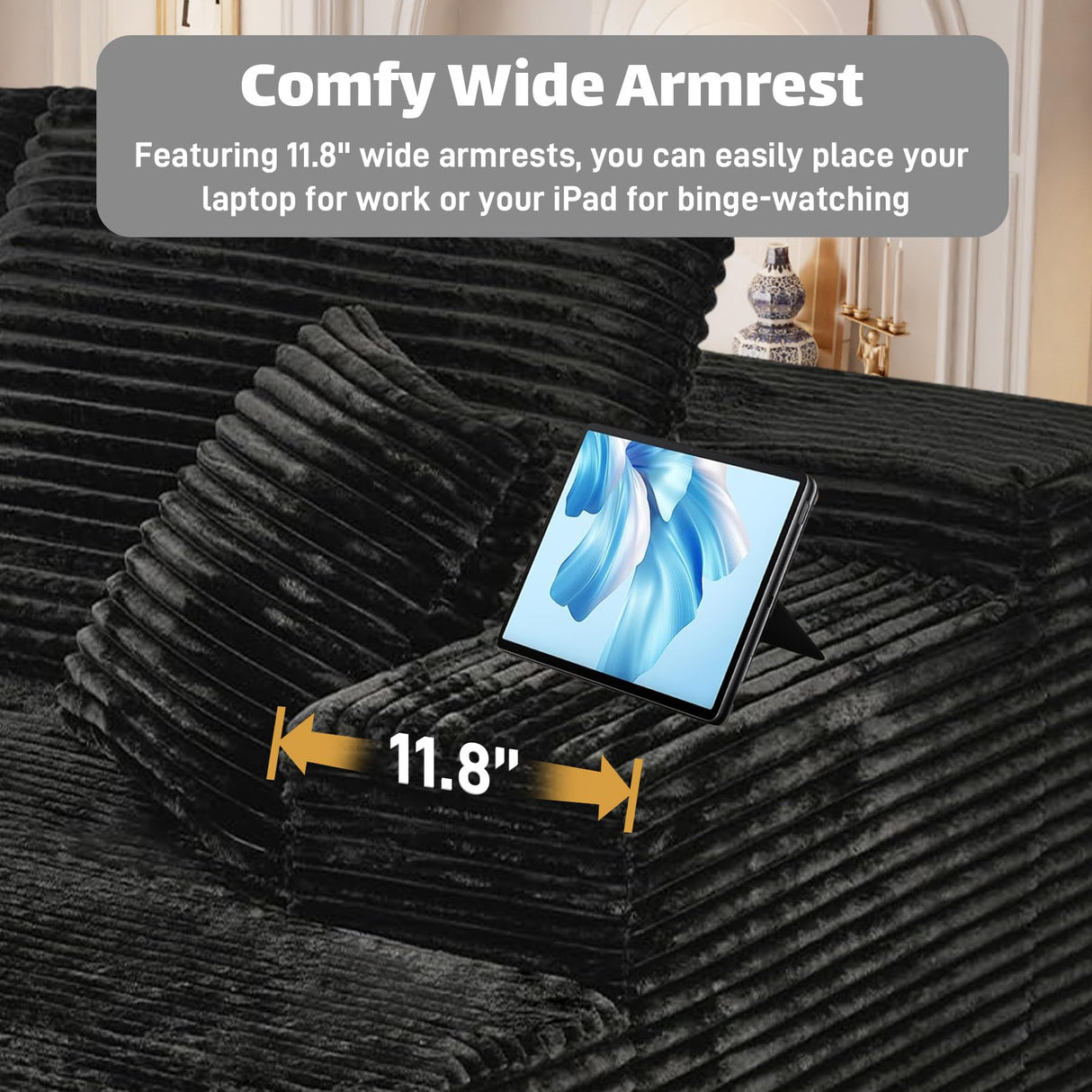 ONEMMLION Cloud Couch Sectional Modular Sofa, 107.5" Comfy Black L Shaped Boneless Couches for Living Room, Deep Seat Plush Corduroy Couch Sectional Memory Foam Sofa(Black, Right Facing Chaise) ONEMMLION