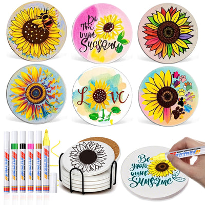 Paint Your Own Sunflower Coaster with Markers,Teens Arts and Crafts Kit,6 Absorbent Ceramic Tiles with Cork Base,DIY Painting Kit Sunflower Gifts for Women,Craft Enthusiasts All Ages,Seniors,Adults
