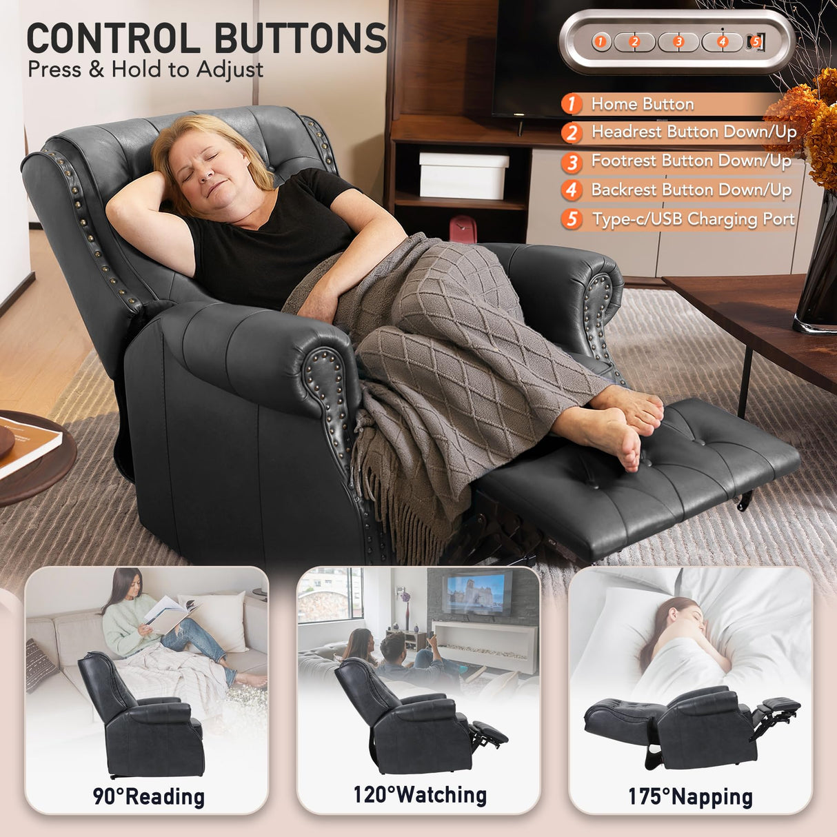 EONIX Dual Motor Lay Flat Power Recliner Chair, Mid Century Wingback Recliner with Independent Adjustable Backrest and Extended Footrest, 400lbs Heavy Duty, Breathable Faux Leather, Black EONIX