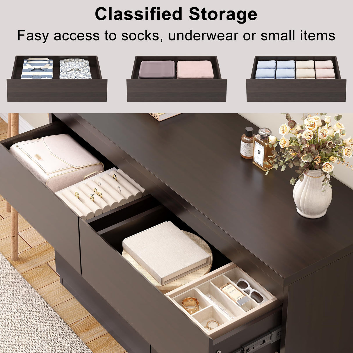 Simply Modern 6-Drawer Dresser, Chest of Drawers for Bedroom, Living Room, Hallway, and Entryway - Large Storage Cabinet with Smooth Metal Rails - Retro Brown Jocoevol