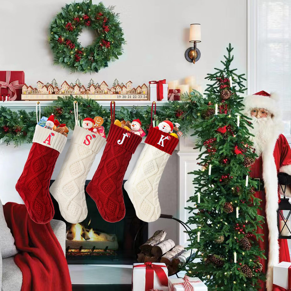 Ulico Christmas Stockings with Initials, 18’’ Large Embroidered Monogram Knit Christmas Stocking,Xmas Stocking for Kids, Holiday and Family Stocking for Fireplace or Party Decoration Red Letter A Ulico