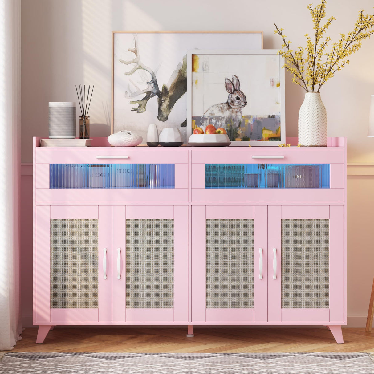 Sideboard Buffet Cabinet With LED Light & Power Outlet, Kitchen Storage Cabinet With 2 Acrylic-Board Drawers & 4 Rattan Doors, Coffee Bar Cabinet Wood Buffet Table for Kitchen, Dining Room (Pink) GarveeHome