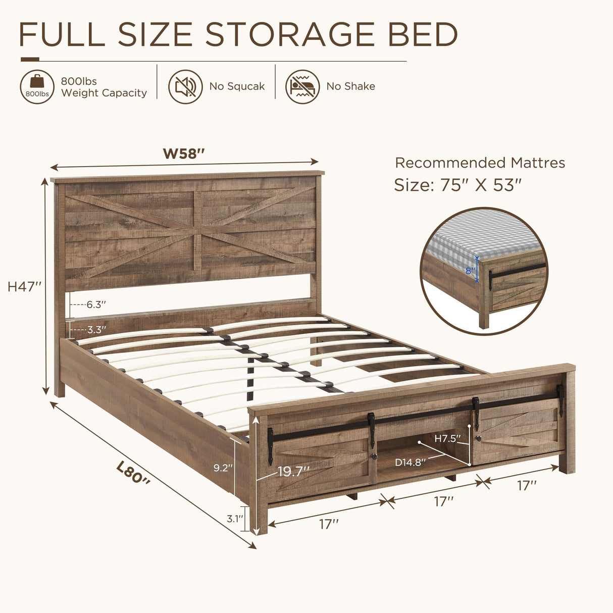 JXQTLINGMU Full Farmhouse Wood Bed Frame with Sliding Barn Door Storage Cabinets, Solid Wood Slats Support, Noiseless, No Box Spring Needed, Warm Brown JXQTLINGMU
