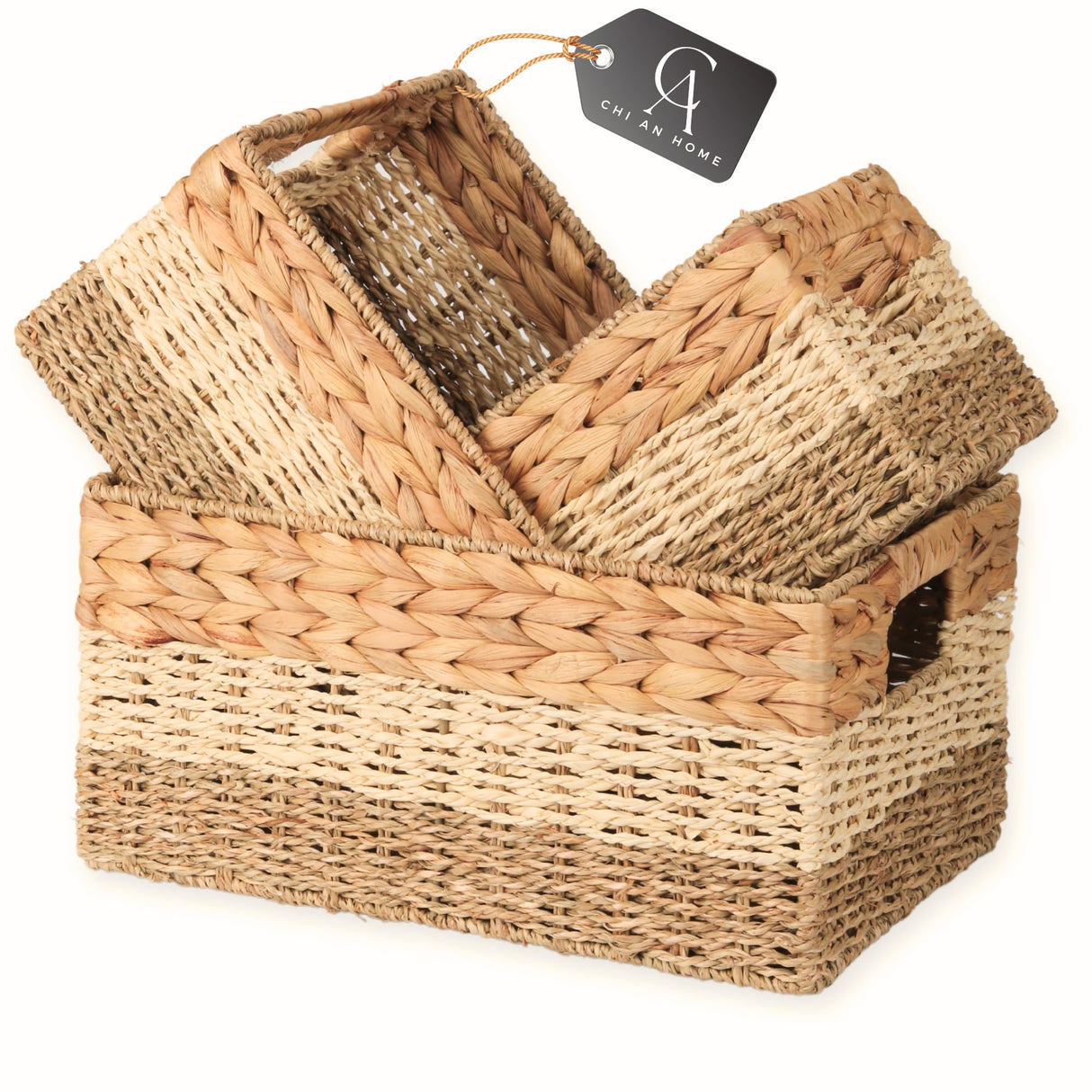 CHI AN HOME Wicker Storage Baskets, Set of 3 Water Hyacinth Storage Baskets For Organizing, Storage Bins Container for Shelves, Woven Pantry Baskets, 3-Pack, Natural, Built-in Carry Handles Chi An Home