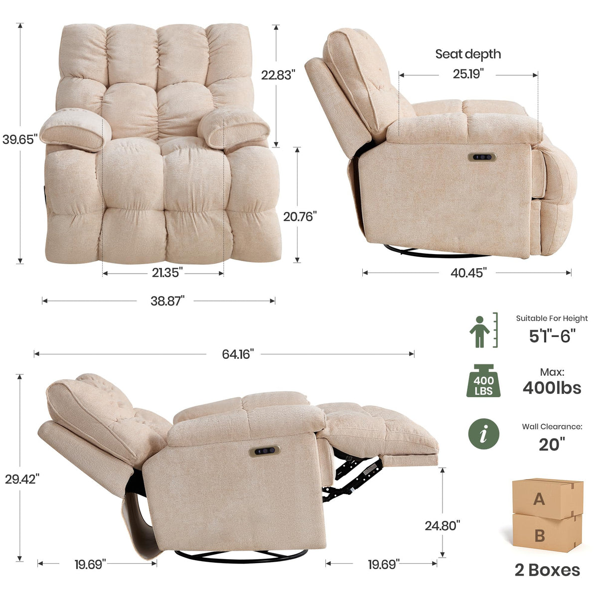 VIKAYAMICS Oversized Rocker Recliner Chair 42” Power Swivel Recliner for Living Room Overstuffed Extra Wide Rocking Recliners with Breathable Soft Fabric Up to 400lbs(Power Beige) VIKAYAMICS