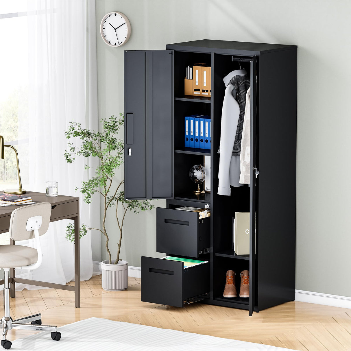 Anxxsu Metal Storage Cabinets Locker, 67" Locker with Clothes Rod, Lockable Freestanding Wardrobe for Office, Home, School, Laundry Room, Gym (Black) Anxxsu