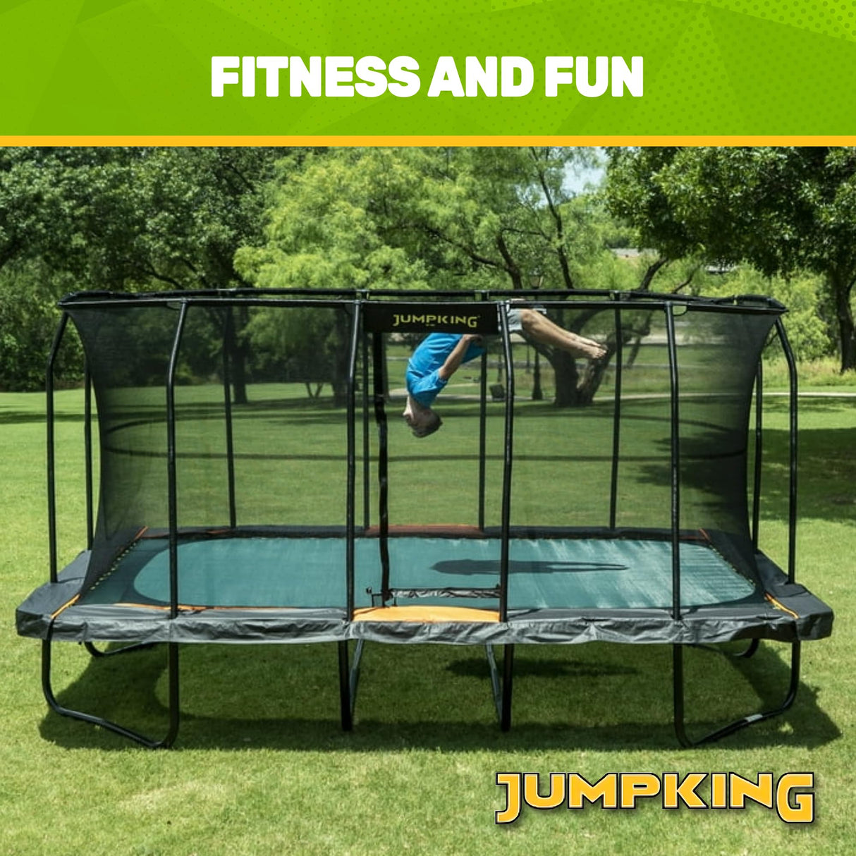JumpKing Rectangular Trampoline Outdoor 18FT with Enclosure, Ladder, and Net, Large Recreational Trampoline for Kids and Adults, ASTM compliant, Heavy Duty, Weather-Resistant, 1200LBS Capacity JumpKing