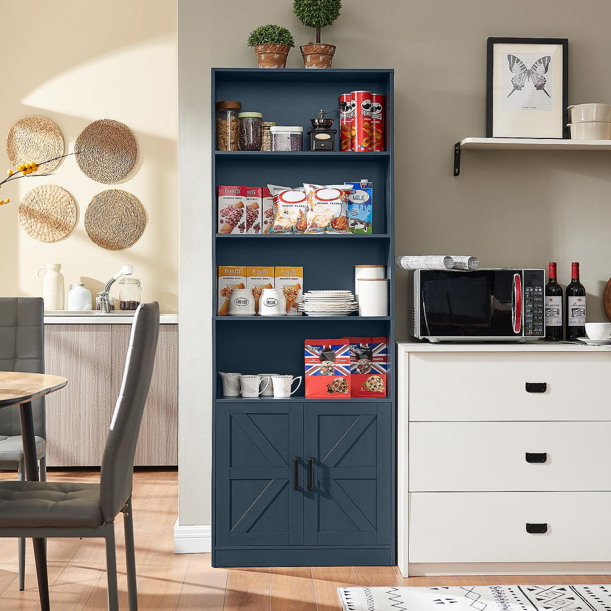 RWYHG 70in Tall Bookshelf 6 Tier Bookcase with Barn Doors and Adjustable Shelf, Blue Farmhouse Book Shelves with Storage Cabinet, Wood Floor Standing Display Bookshelve for Bedroom,Living Room,Kitchen RWYHG