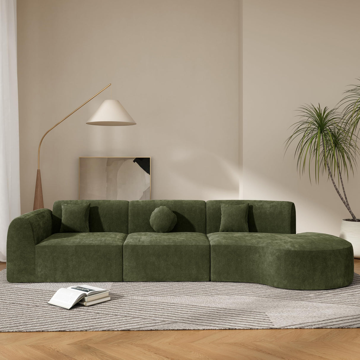 Christopher Knight Home Grelyn Modern Curved Modular Sectional Sofa, Wool Fabric Large Cloud Couch, 6-Seater L-Shaped Couch for Living Room, 3-Piece Lounge Sofa with Chaise,Fully Assembled,Olive Green Christopher Knight Home